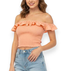 Bobi Los Angeles NWT Guava Off-Shoulder Smocked Ruffle Crop Top Medium Orange